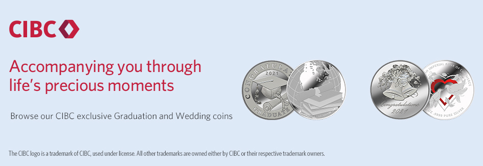 Accompanying you through life’s precious moments. Browse our CIBC exclusive Graduation and Wedding Coins. 1 oz Silver Graduation coin. 1 oz Silver Wedding coin.